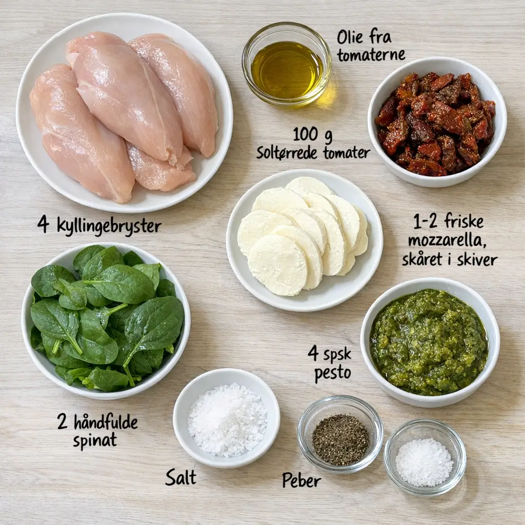 Fyldt kyllingebryst med pesto, soltørrede tomater og mozzarella