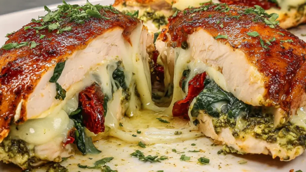 Fyldt kyllingebryst med pesto, soltørrede tomater og mozzarella