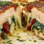 Fyldt kyllingebryst med pesto, soltørrede tomater og mozzarella