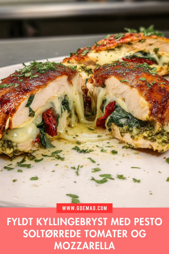 Fyldt kyllingebryst med pesto, soltørrede tomater og mozzarella.
