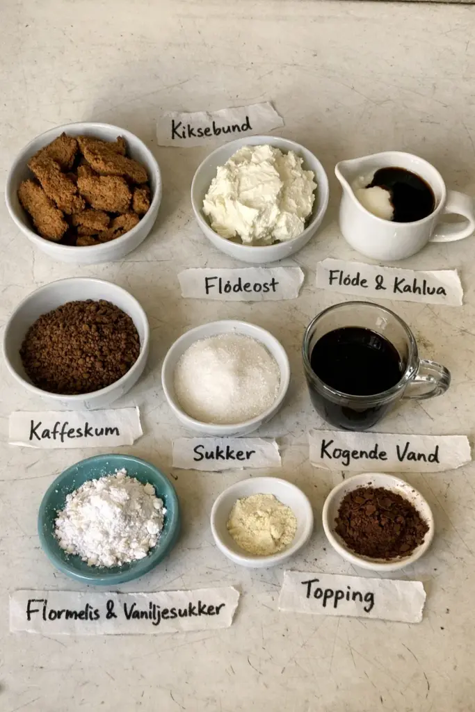 Nem cheesecake i glas med kaffe, fløde og sprød kiksebund