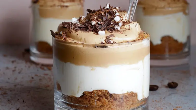 Nem cheesecake i glas med kaffe, fløde og sprød kiksebund