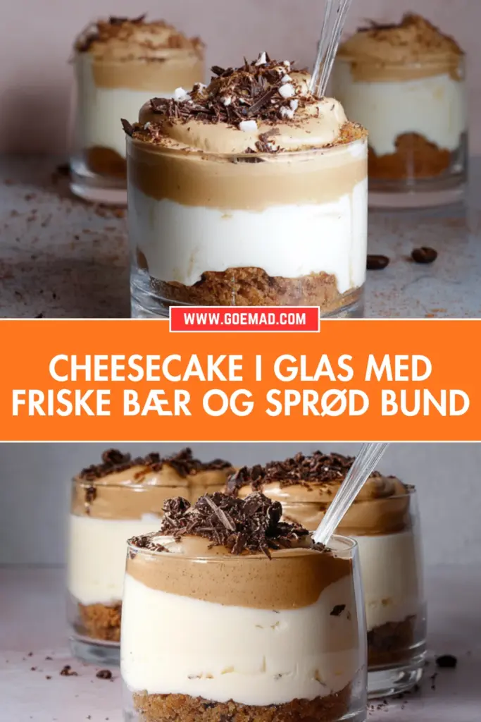 Nem cheesecake i glas med kaffe, fløde og sprød kiksebund