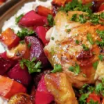 Saftig hel kylling i ovn serveret med bagte rodfrugter og fetacreme