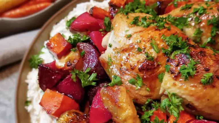 Saftig hel kylling i ovn serveret med bagte rodfrugter og fetacreme