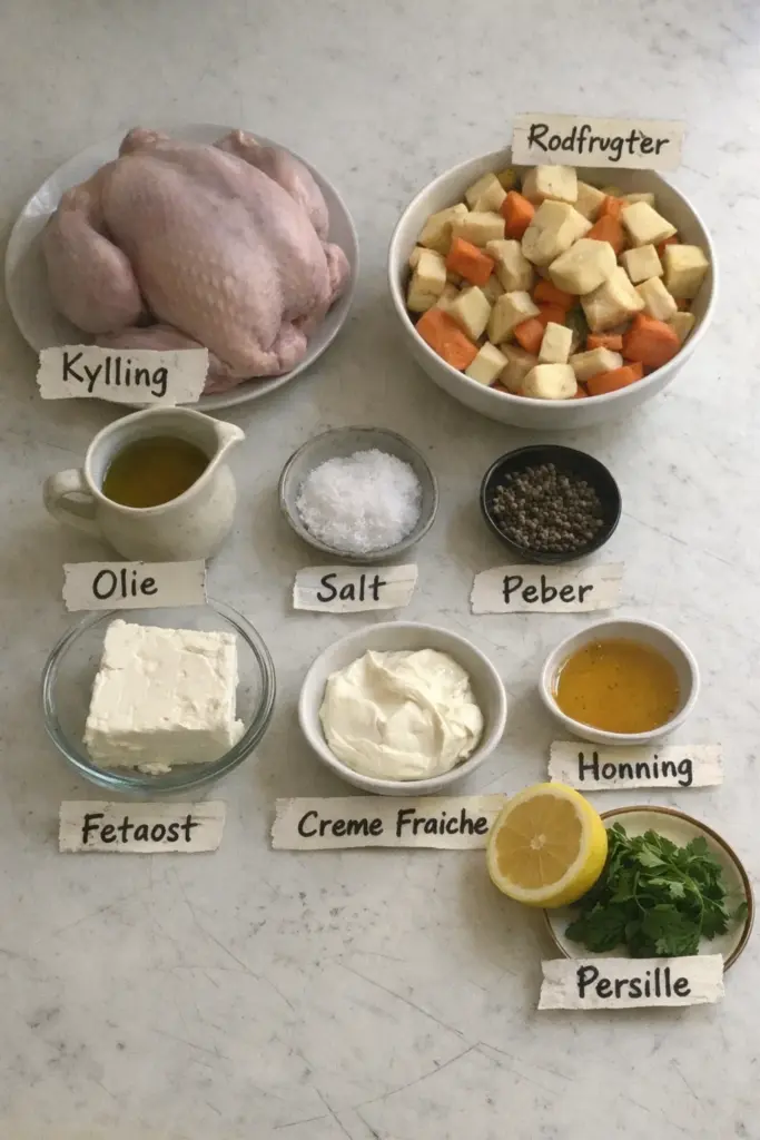 Saftig hel kylling i ovn serveret med bagte rodfrugter og fetacreme