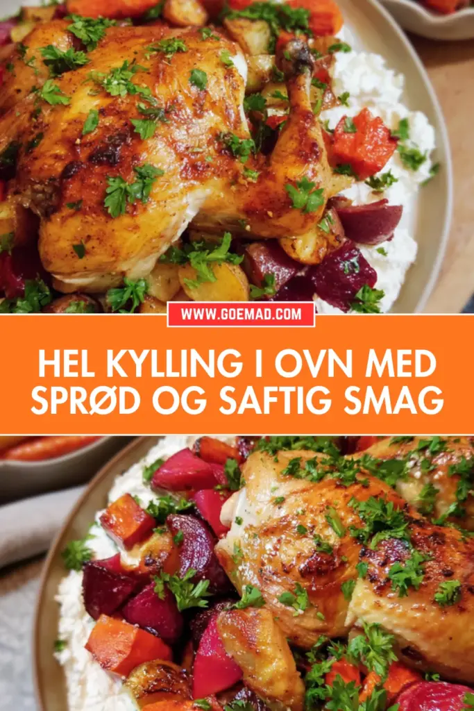 Saftig hel kylling i ovn serveret med bagte rodfrugter og fetacreme