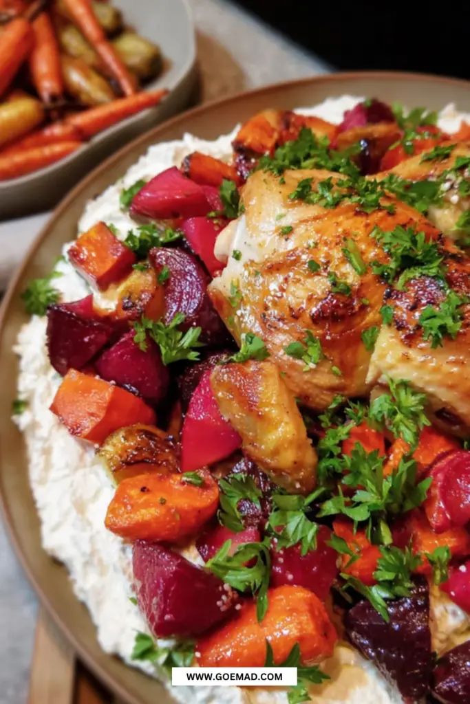 Saftig hel kylling i ovn serveret med bagte rodfrugter og fetacreme