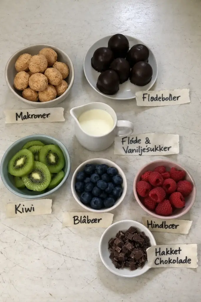 Flødebolle dessert med makroner og flødeskum: nem og lækker opskrift