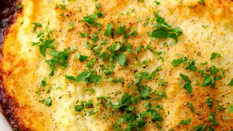 Hakket oksekød i fad med blomkålsmos og rasp: enkel aftensmad der samler sig selv