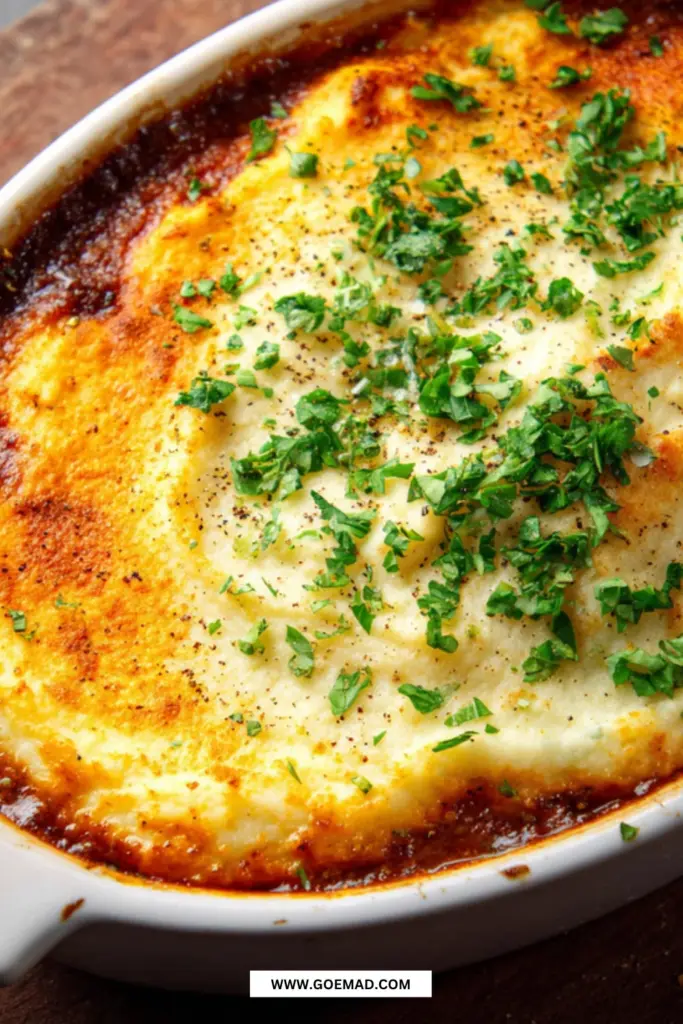 Hakket oksekød i fad med blomkålsmos og rasp: enkel aftensmad der samler sig selv