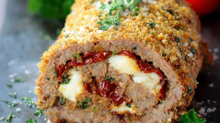 Saftig italiensk farsrulle med fyld af parmesan, mozzarella og soltørrede tomater