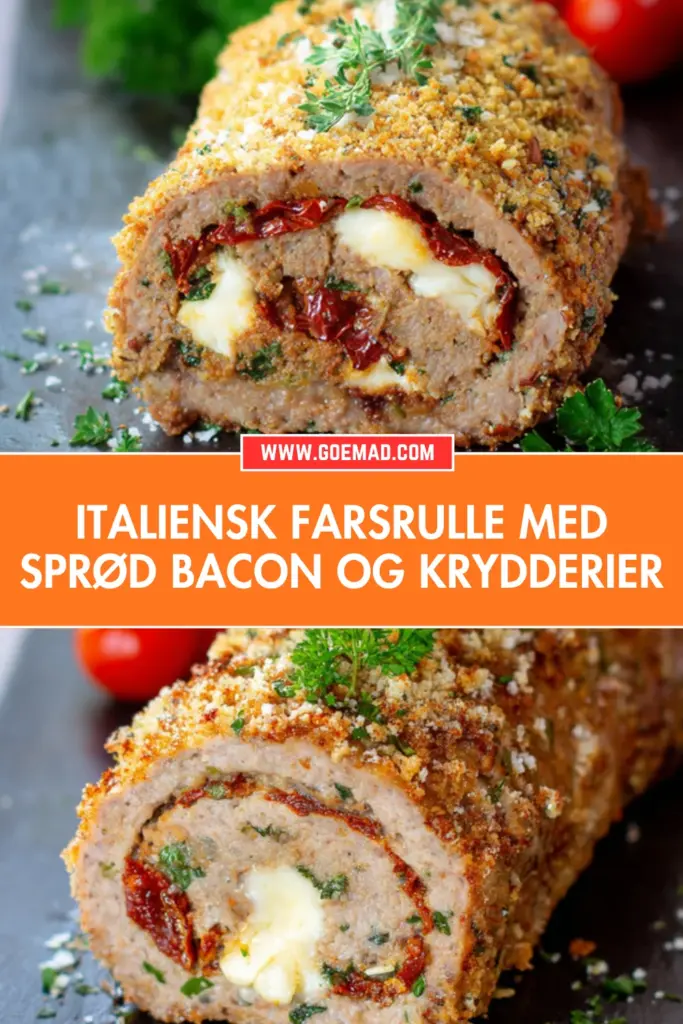 Saftig italiensk farsrulle med fyld af parmesan, mozzarella og soltørrede tomater