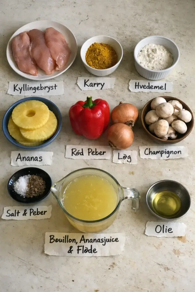 Klassisk karry kylling i fad med ananas og flødesauce