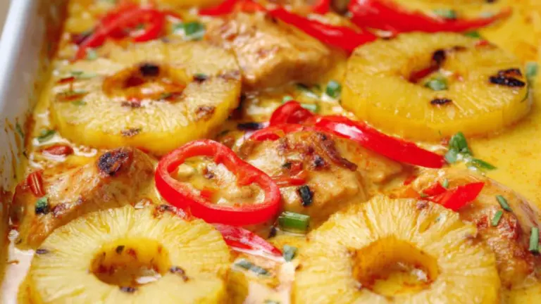 Klassisk karry kylling i fad med ananas og flødesauce