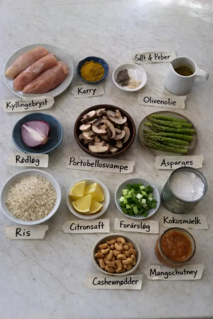 Kylling i fad med kokosmælk: nem ovnret med svampe og asparges