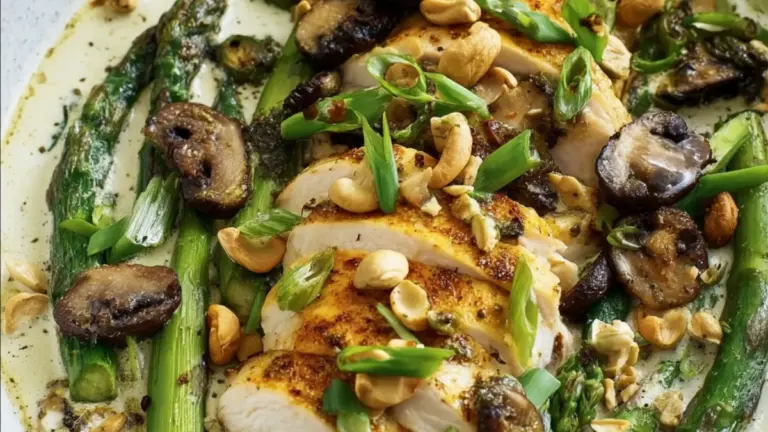 Kylling i fad med kokosmælk: nem ovnret med svampe og asparges