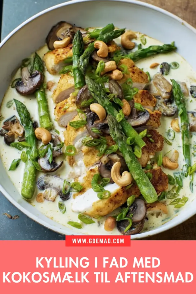 Kylling i fad med kokosmælk: nem ovnret med svampe og asparges