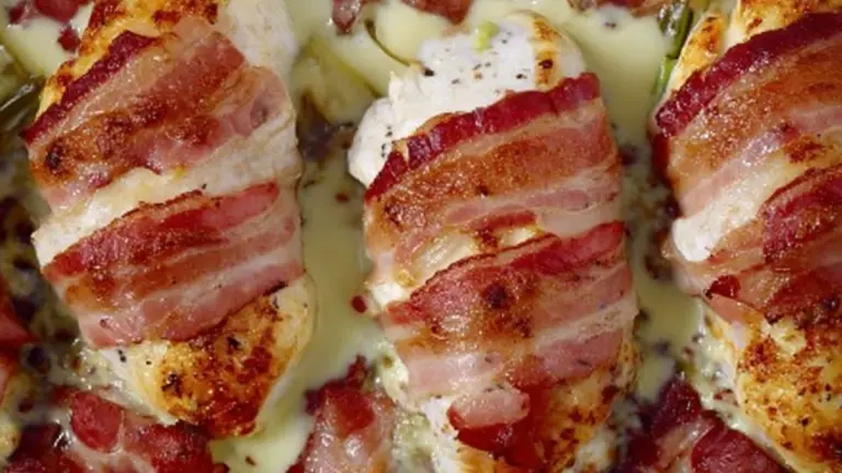 Saftig kylling i fad med sprød bacon og cremet mornaysauce