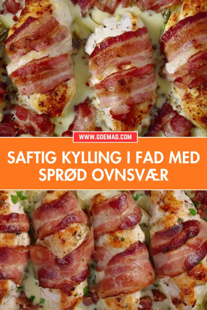 Saftig kylling i fad med sprød bacon og cremet mornaysauce