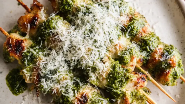 Saftige kyllingespyd i airfryer med pesto og parmesan