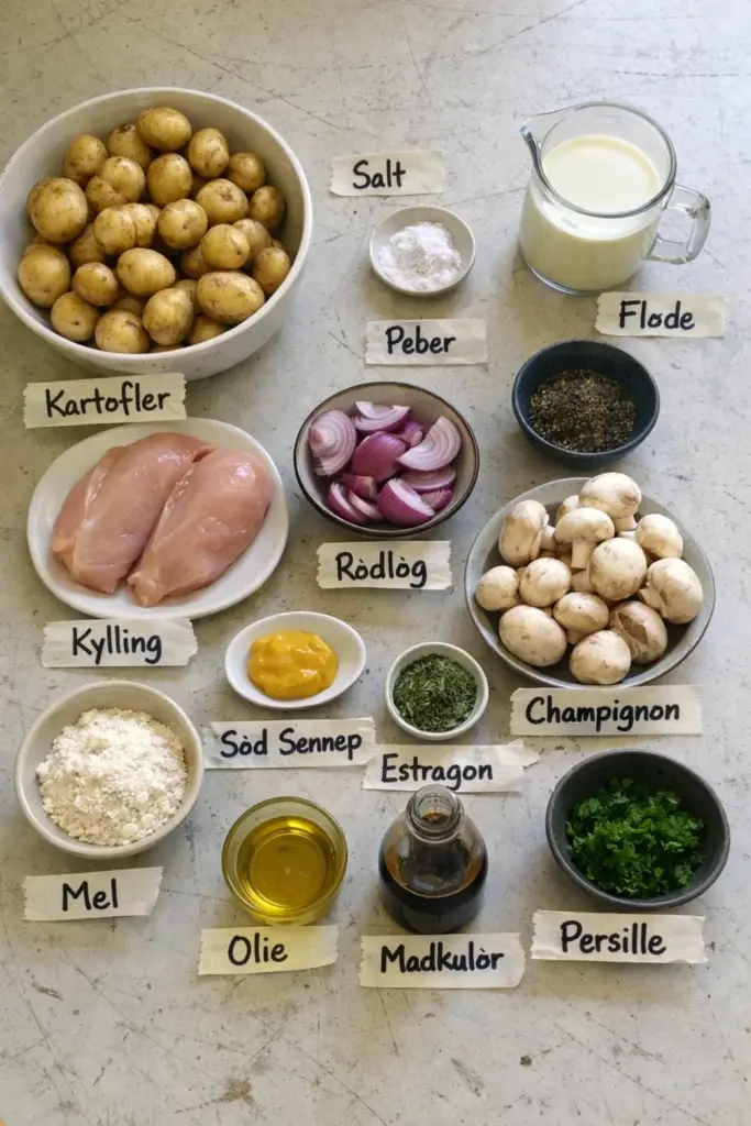 Ovnbagte kartofler med kylling: nem hverdagsaftensmad med cremet champignonsauce