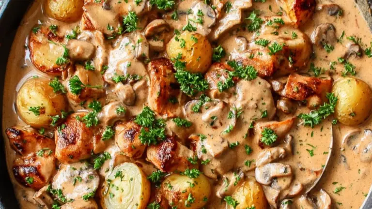Ovnbagte kartofler med kylling: nem hverdagsaftensmad med cremet champignonsauce
