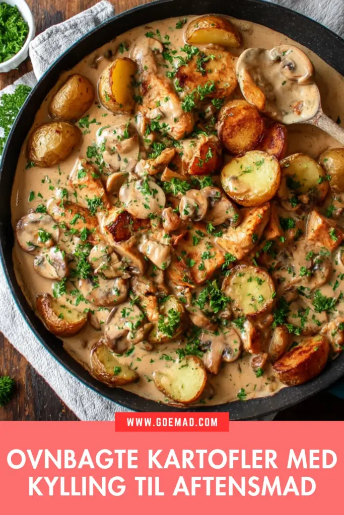 Ovnbagte kartofler med kylling: nem hverdagsaftensmad med cremet champignonsauce