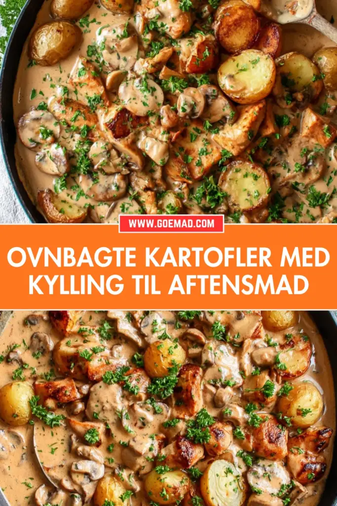 Ovnbagte kartofler med kylling: nem hverdagsaftensmad med cremet champignonsauce