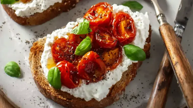Pisket hytteost på ristet brød: nem opskrift med honningbagte cherrytomater