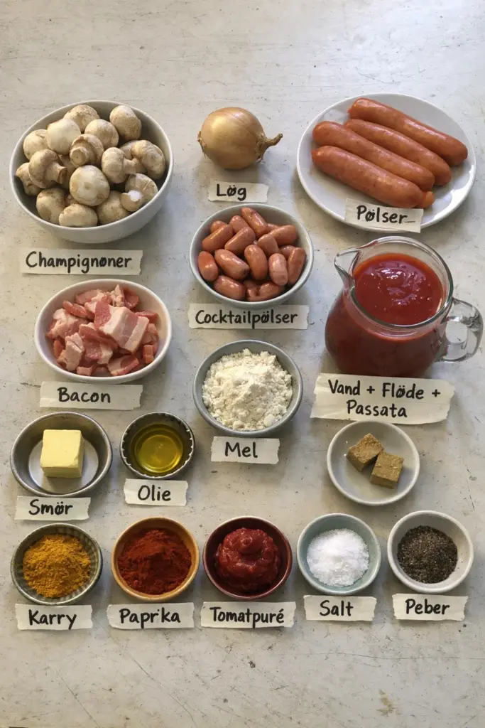 Nem pølsegryde med bacon, svampe og flødesauce: klassisk comfort food