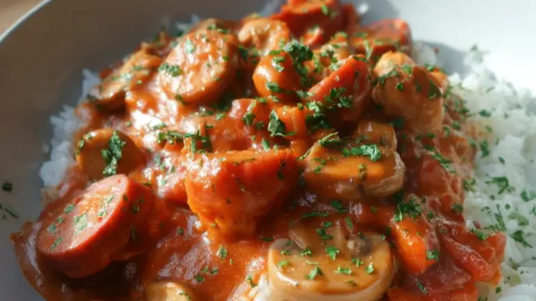 Nem pølsegryde med bacon, svampe og flødesauce: klassisk comfort food