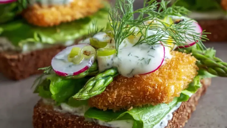 Sprød paneret torskerogn på rugbrød med dildmayo og syltede rødløg