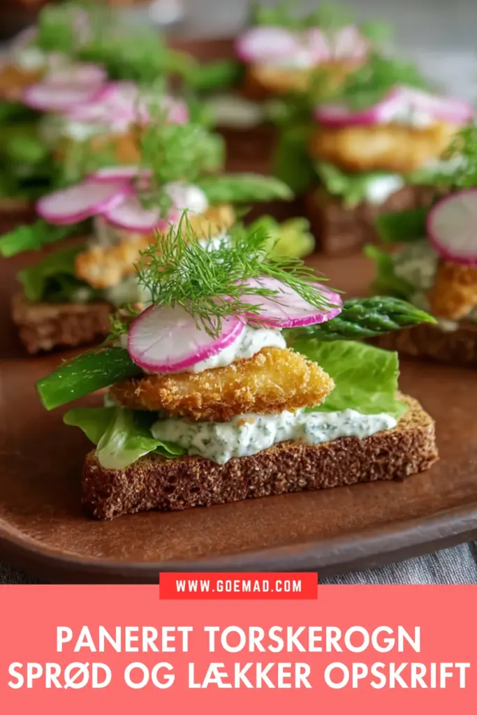 Sprød paneret torskerogn på rugbrød med dildmayo og syltede rødløg