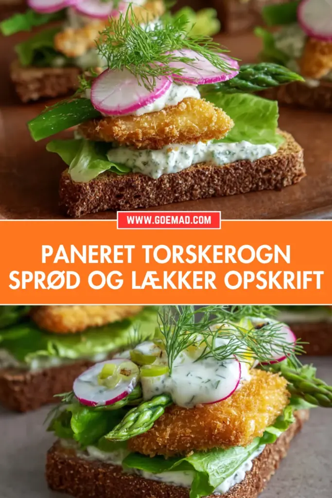 Sprød paneret torskerogn på rugbrød med dildmayo og syltede rødløg