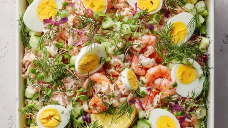 Tunsalat med æg og rejer: den bedste opskrift til et flot fad
