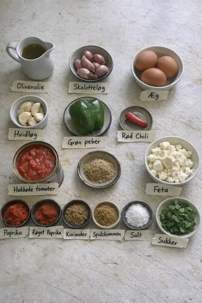 Klassisk shakshuka opskrift med pocherede æg i krydret tomatsauce