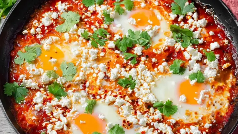 Klassisk shakshuka opskrift med pocherede æg i krydret tomatsauce