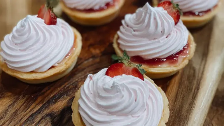 Lækre rabarbertærter med citronmazarin og lyserød marengs