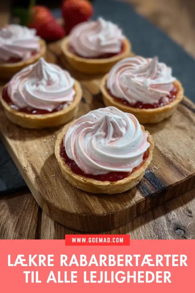 Lækre rabarbertærter med citronmazarin og lyserød marengs