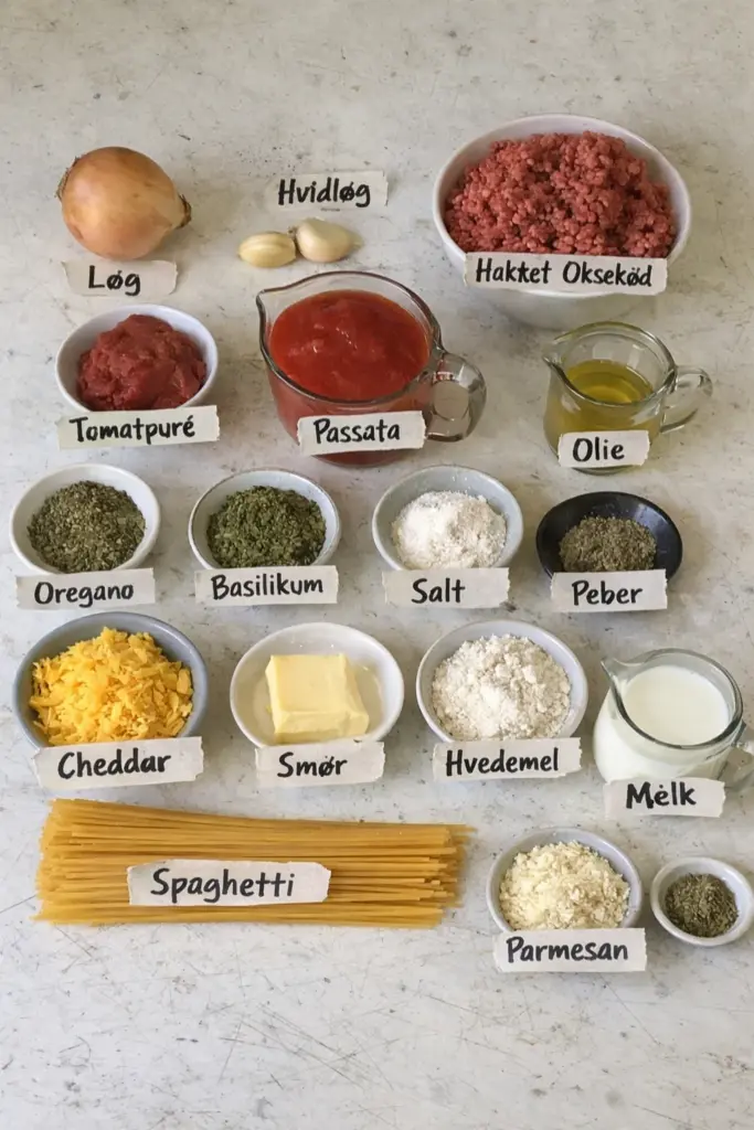 Klassisk spaghettifad med kødsovs og ost der bobler i ovnen