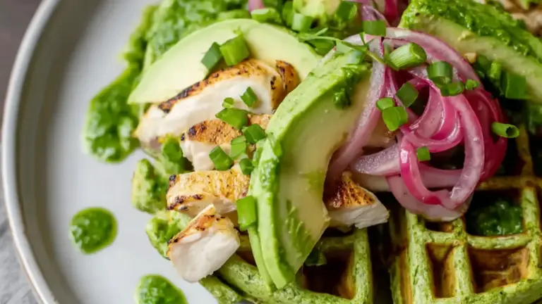 Spinatvafler med kylling, avocado og syltede rødløg