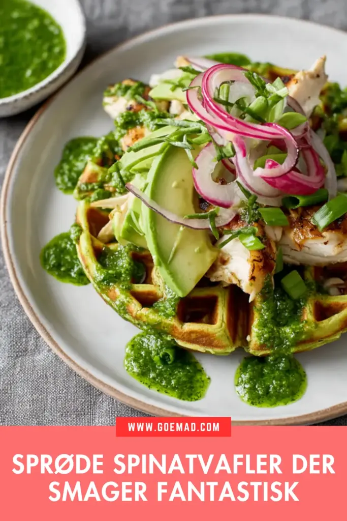 Spinatvafler med kylling, avocado og syltede rødløg