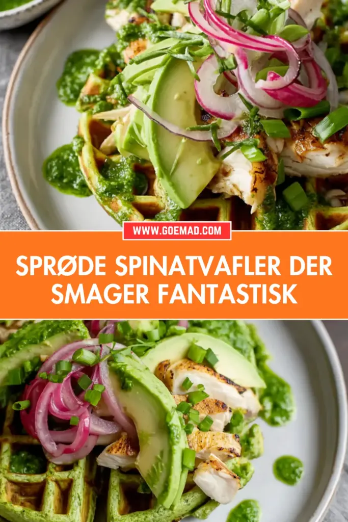 Spinatvafler med kylling, avocado og syltede rødløg
