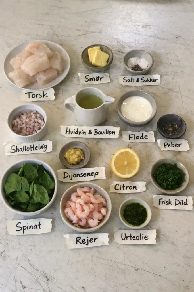 Klassisk stegt torsk: nem opskrift med cremet hvidvinssauce og rejer