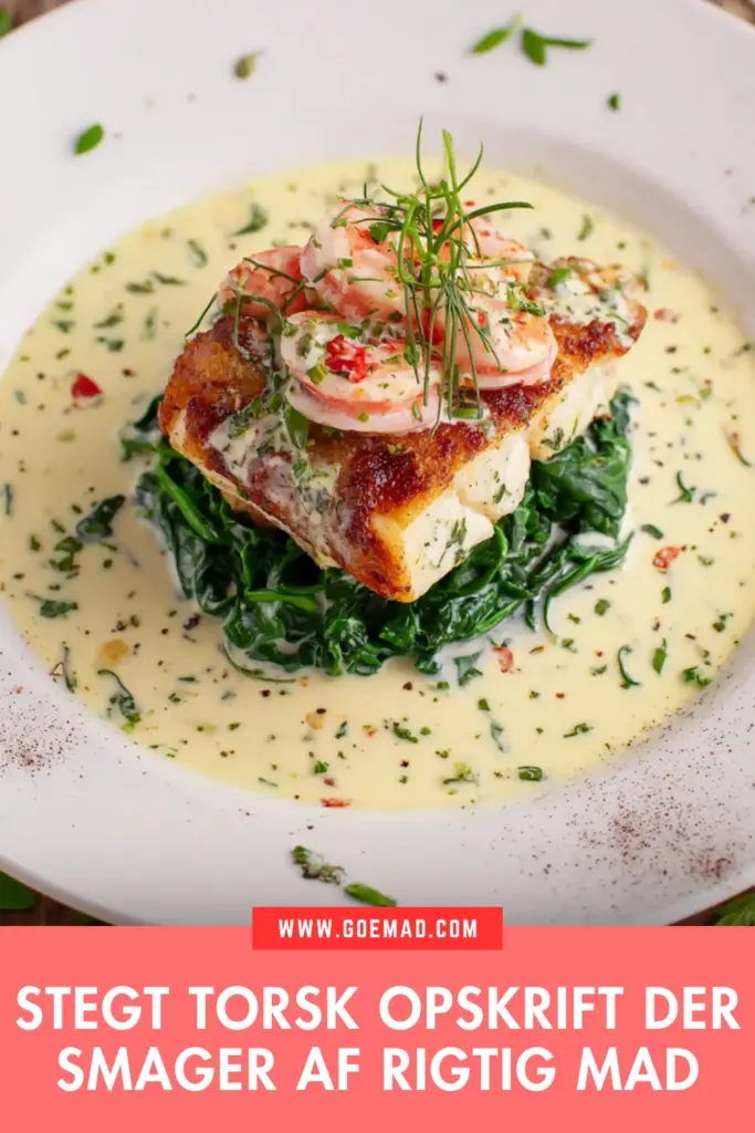 Klassisk stegt torsk: nem opskrift med cremet hvidvinssauce og rejer