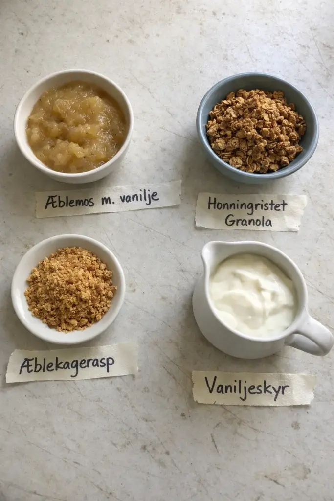 Nem æblekage i glas med granola crumble på toppen