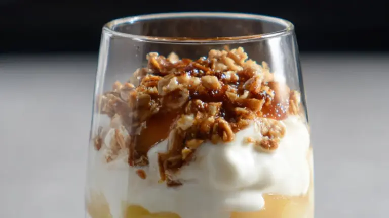 Nem æblekage i glas med granola crumble på toppen