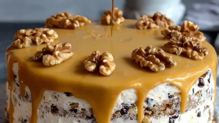 Klassisk valnøddelagkage med kandiserede valnødder og chokoladeflødeskum