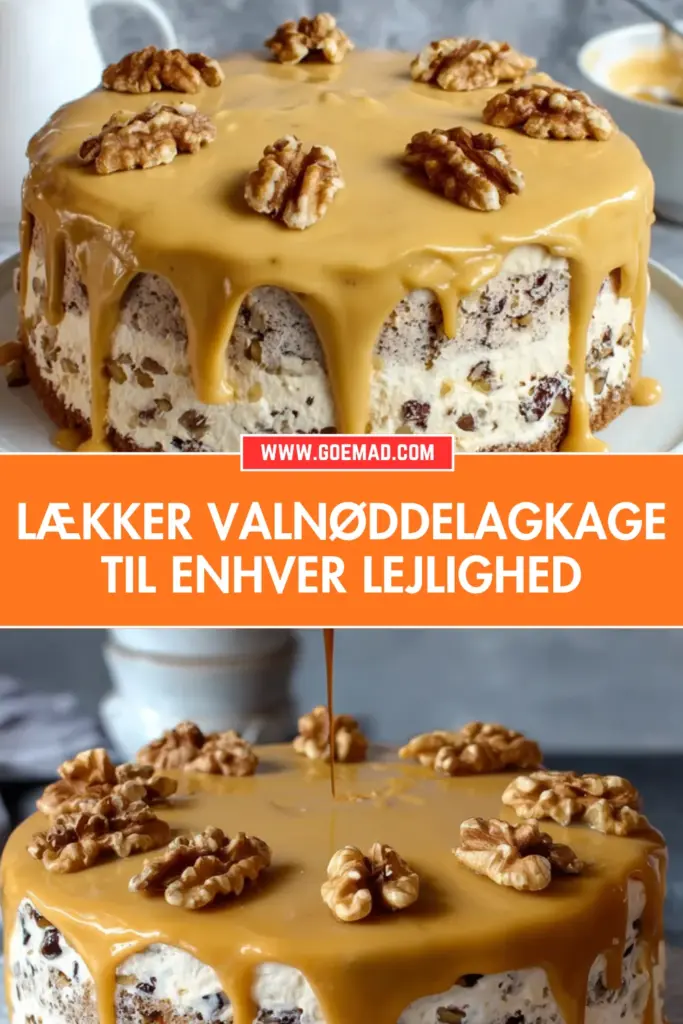 Klassisk valnøddelagkage med kandiserede valnødder og chokoladeflødeskum